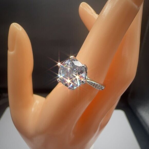 Round Cut Simulated Diamond Engagement Ring With Pave Band In Silver Tone 4CT - Picture 4 of 9